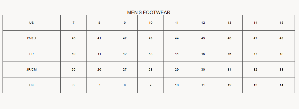 Men's footwear size chart: US 7–15, IT/EU and FR 40–48, JP/CM 25–33, UK 6–14.