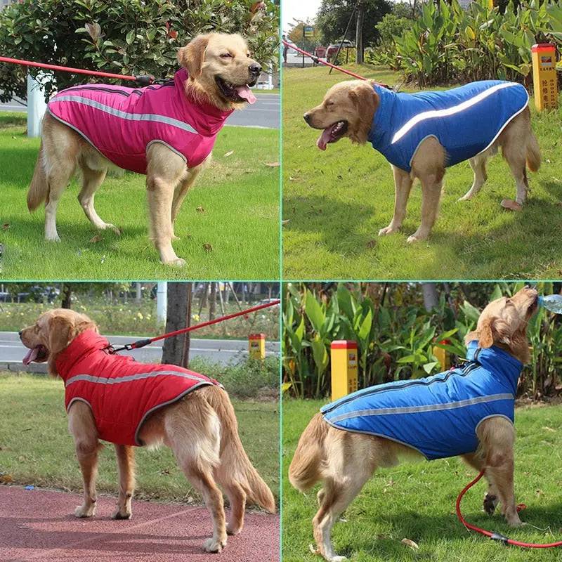 Rose Red Waterproof Dog Clothes for Winter Warm Big Jackets Padded Fleece Pet Coat Safety Reflective Design