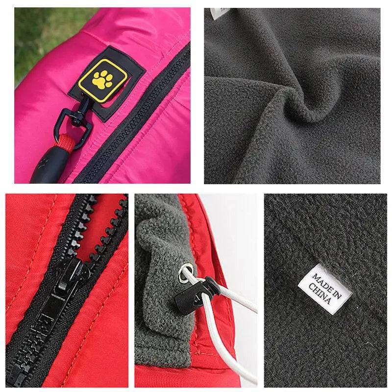 Rose Red Waterproof Dog Clothes for Winter Warm Big Jackets Padded Fleece Pet Coat Safety Reflective Design