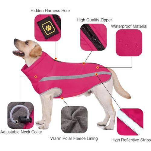 Rose Red Waterproof Dog Clothes for Winter Warm Big Jackets Padded Fleece Pet Coat Safety Reflective Design